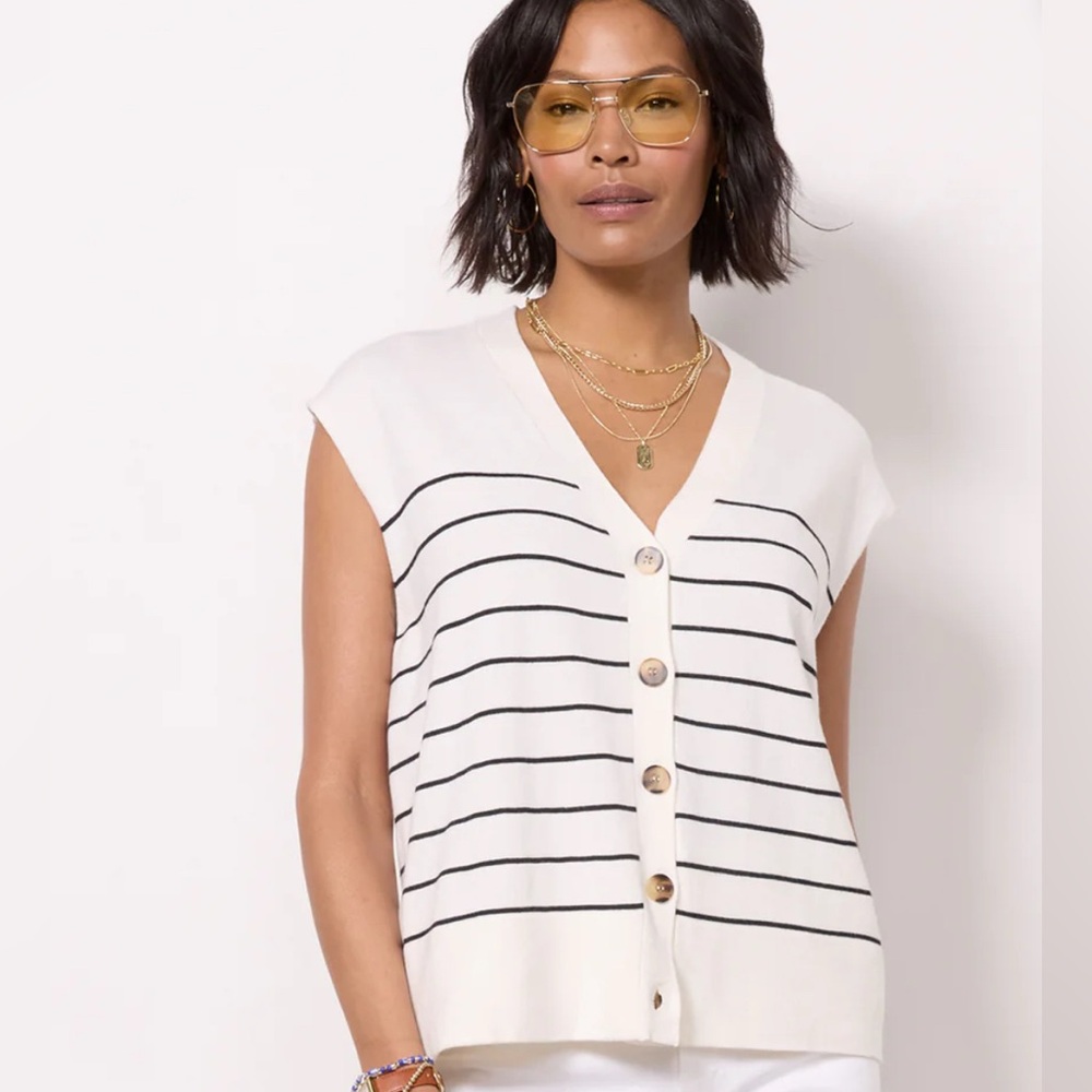Striped Button-Down Sleeveless Top - White